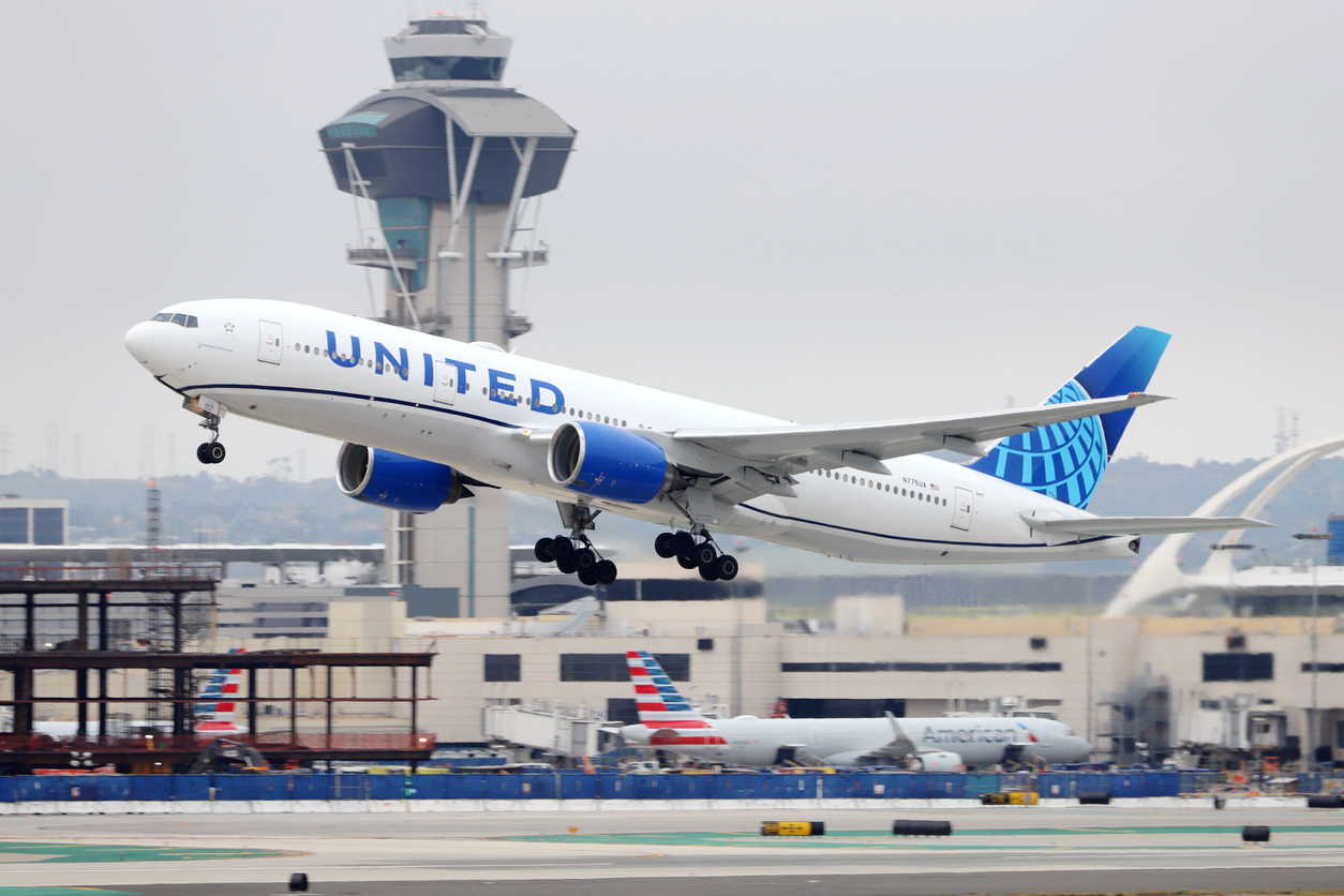 A United Airlines aircraft taking off from an airport