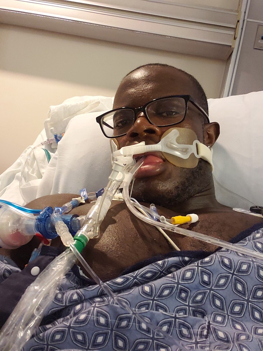 coronavirus survivor lequawn james in hospital bed while intubated