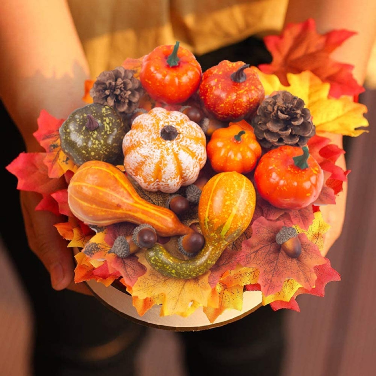 white hands holding bowl of pumpkins and pinecones