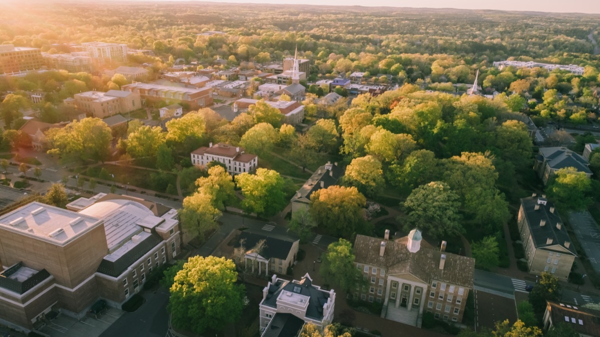 Aerial over the University of North Carolina at Chapel Hill in the spring.