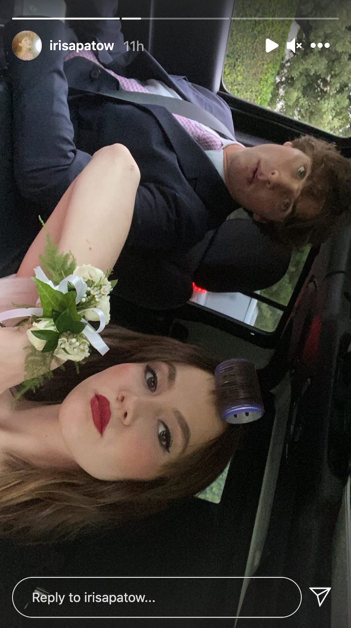 Iris Apatow posing in a car during prom night