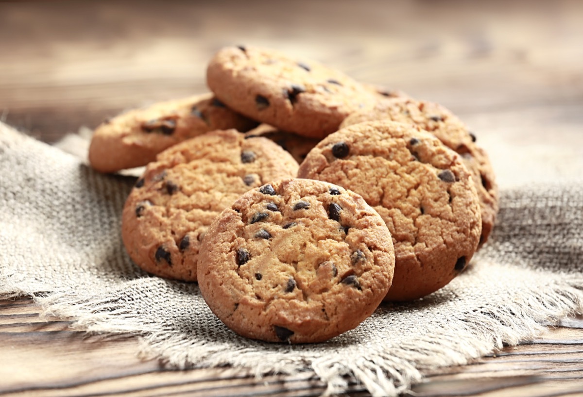 chocolate chip cookies on piece of fabric