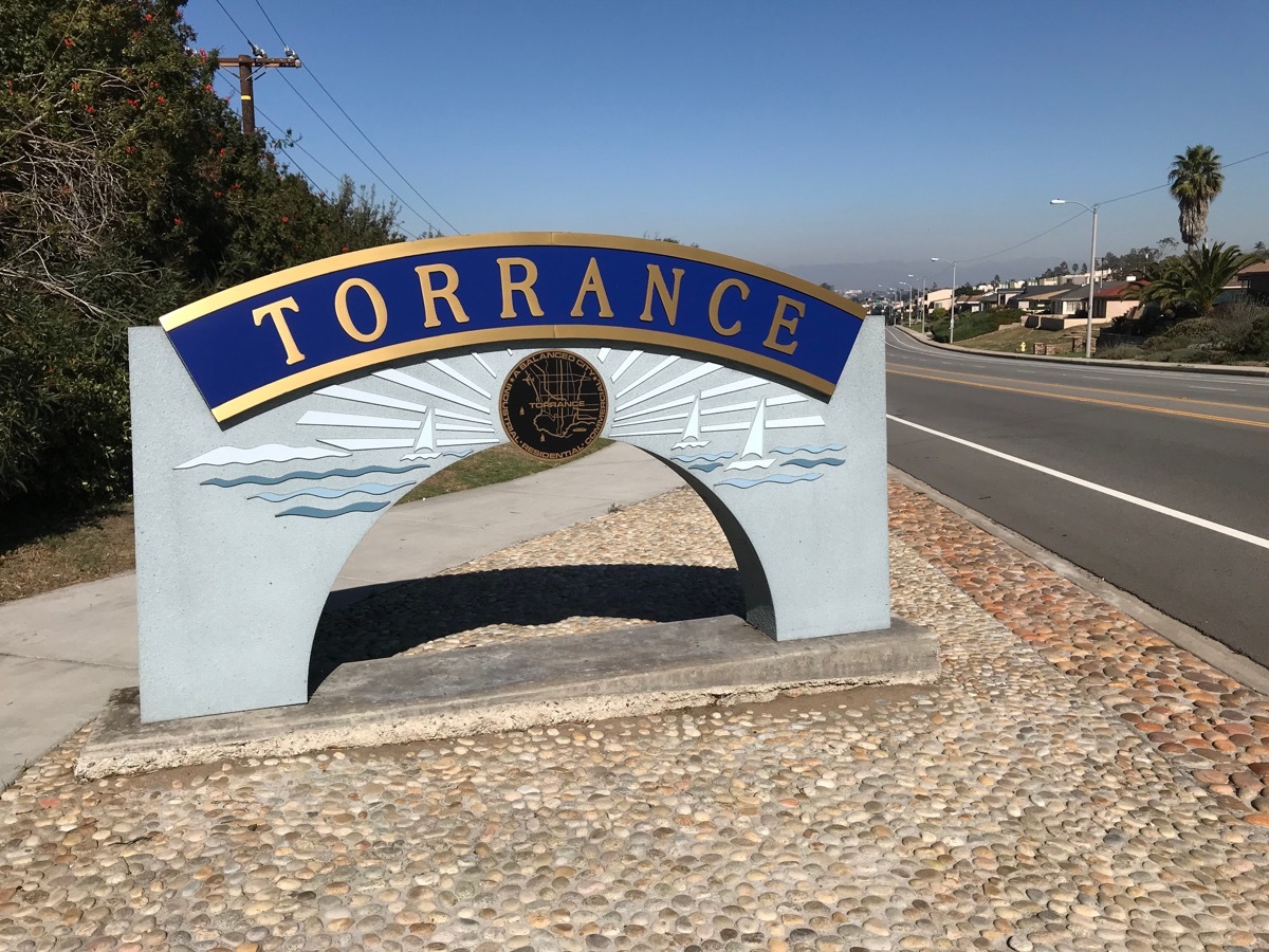 blue and gold street sign, torrance, california