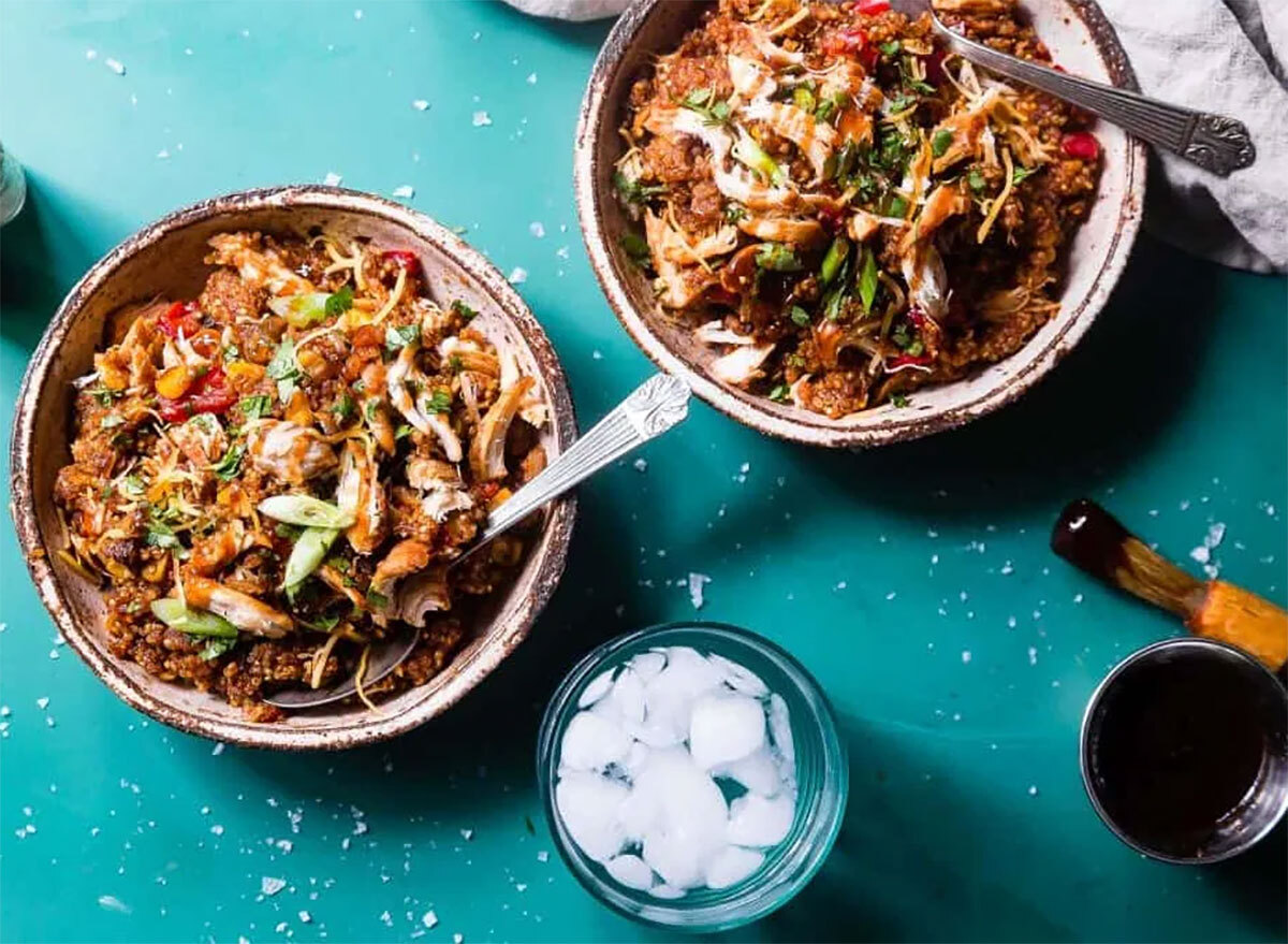 bbq chicken quinoa casserole in bowls