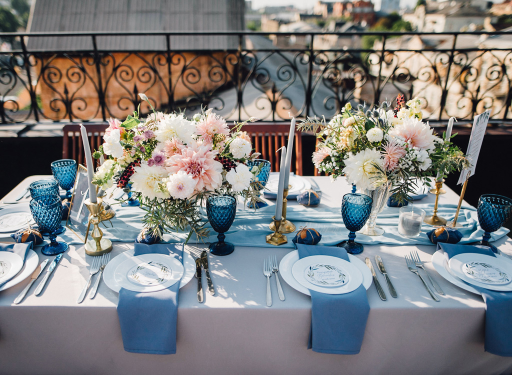 Dinner table with flower centerpiece