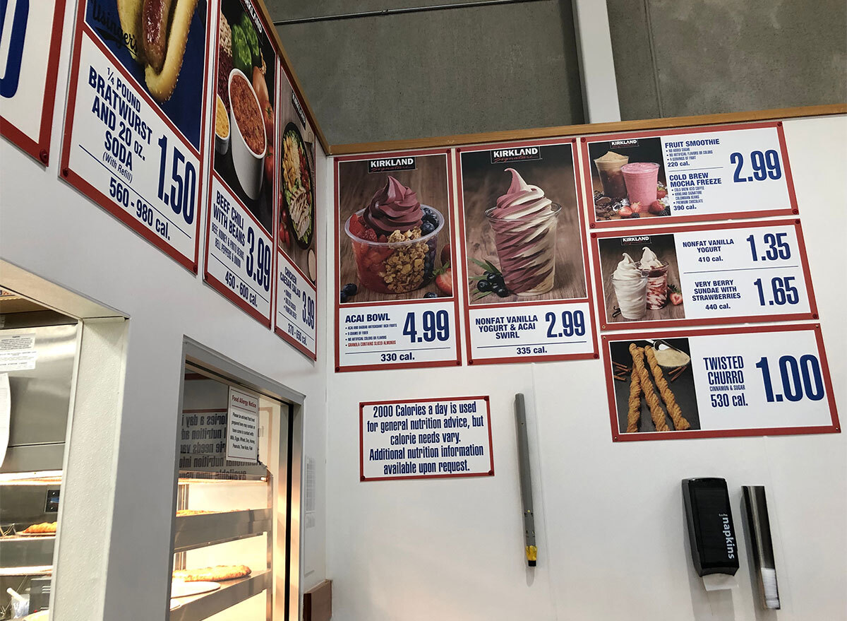 menu at costco featuring acai bowl and churros