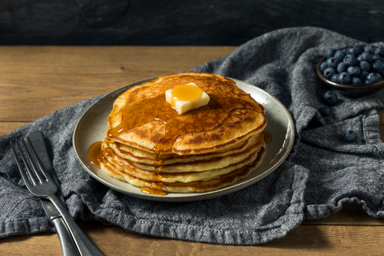 Homemade Sourdough Pancakes with Butter and Blueberries