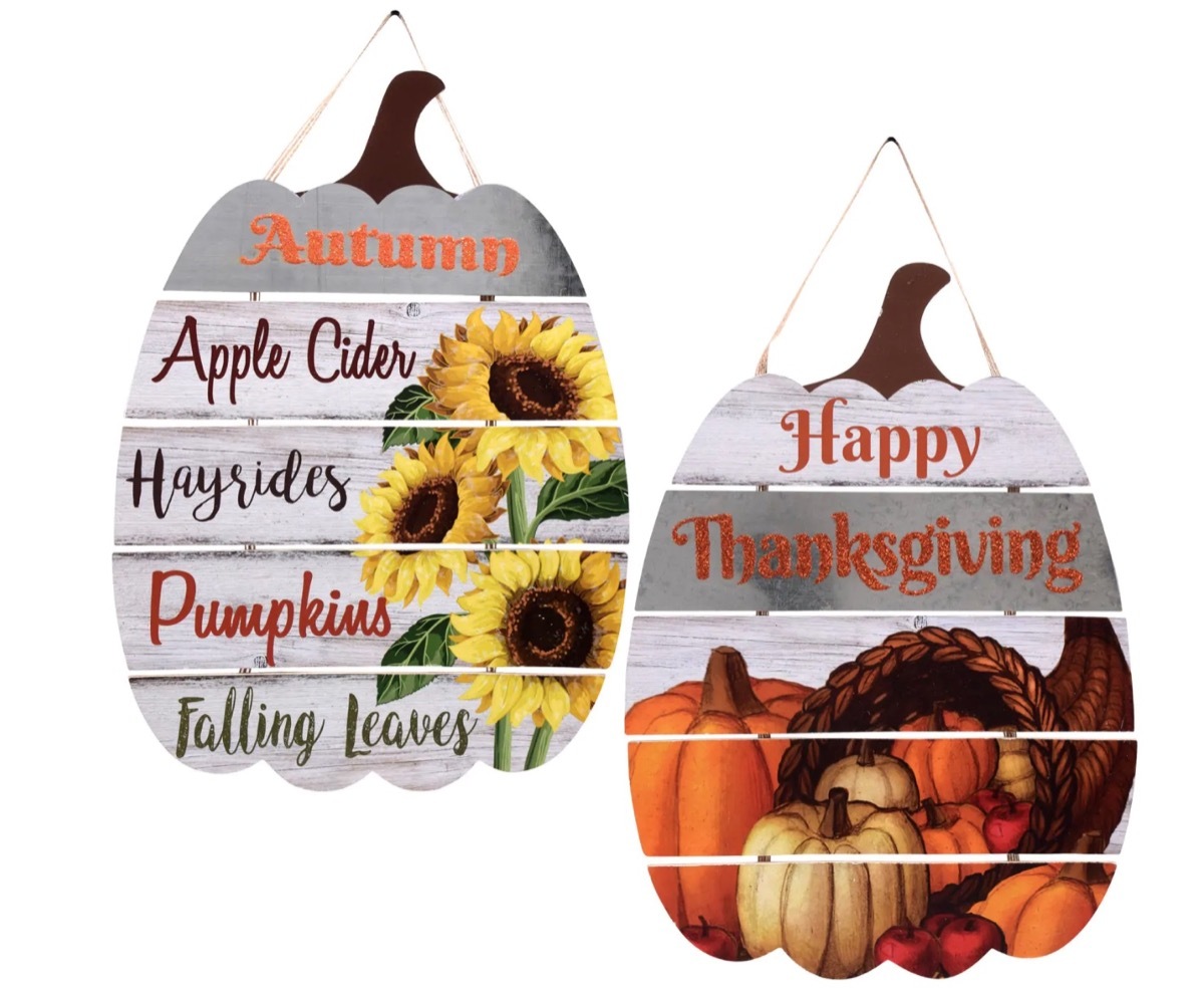 wooden pumpkin hanging sign, dollar store fall decor