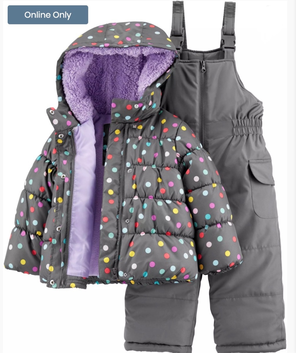 gray polka dot parka and snow pants