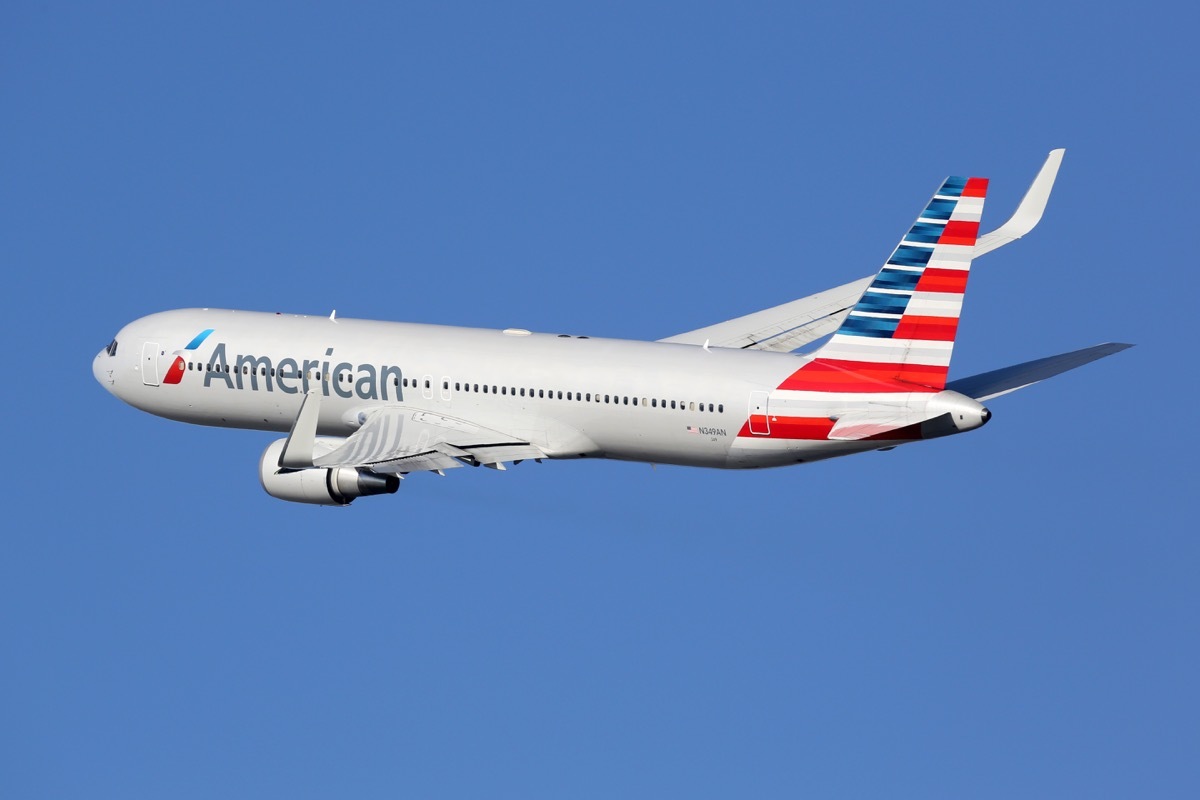 An American Airlines Boeing 767-300 with the registration N349AN taking off from Barcelona Airport (BCN) in Spain. American Airlines is the world's largest airline with 619 aircraft and 108 million passengers. It is headquartered in Fort Worth, Texas.