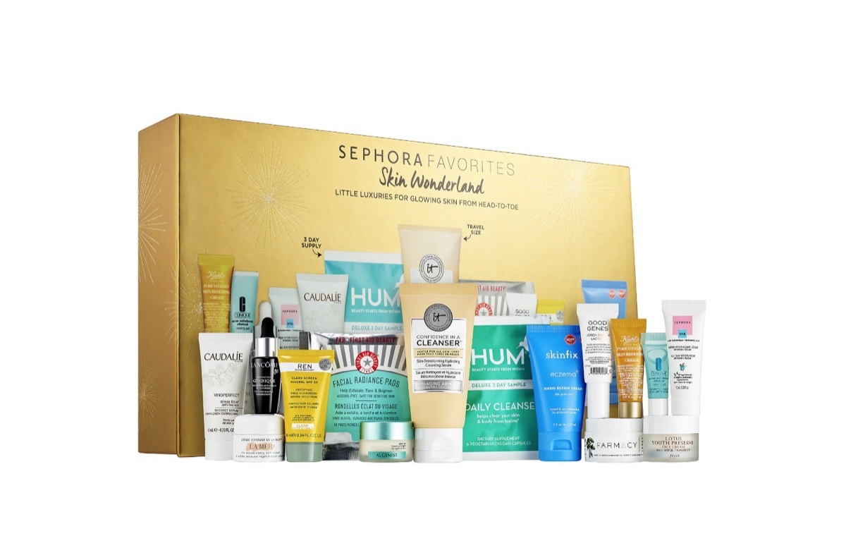 sephora multi piece skincare set with tiny bottles in front of gold box, hanukkah gifts