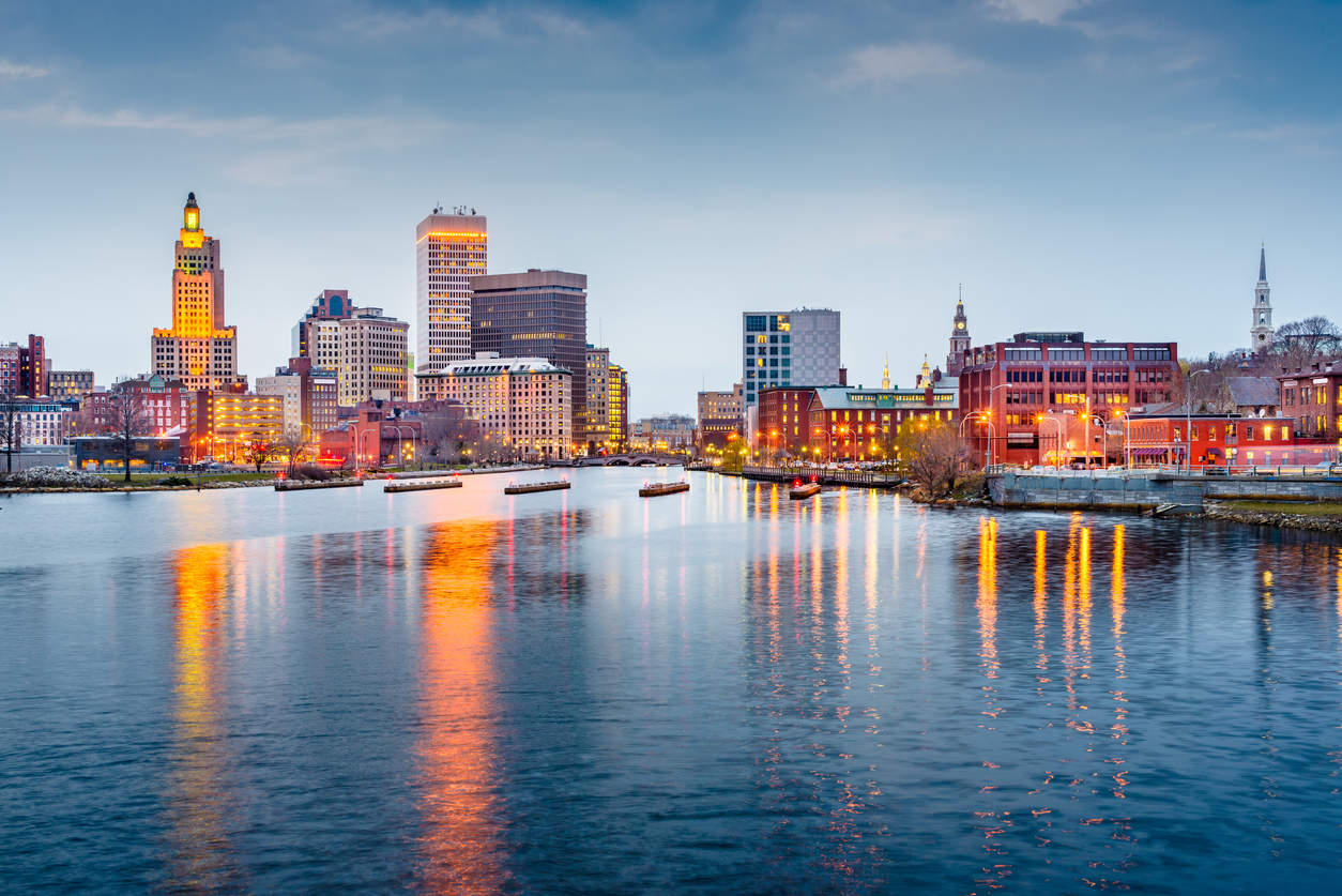 The skyline of Providence, Rhode Island at dusk.