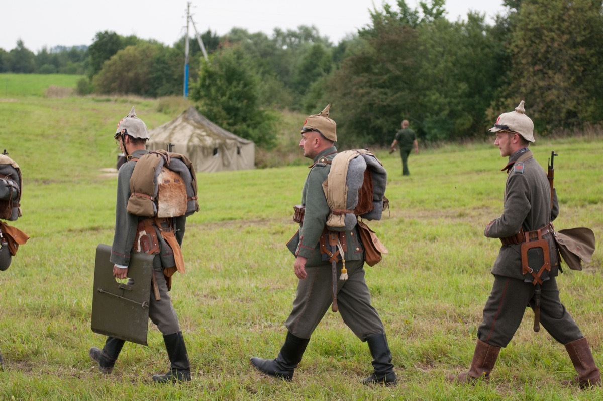 Historical reenactment of the Battle of Gumbinnen, World War I, German soldier Kaliningrad region, Russia. 