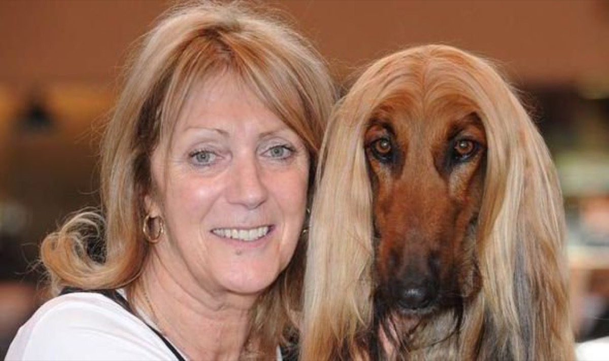 Blonde woman with straight hair matches hair of brown dog, dog and owner twins