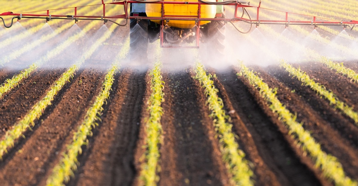 Tractor spraying pesticides at corn fields