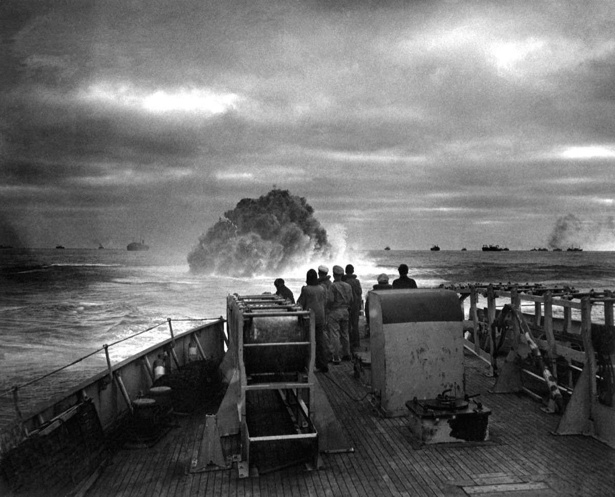 Explosion of a depth charge launched from U.S. Coast Guard Cutter Spencer. German submarine U-175 was sunk and prevented from breaking into center of a large North American convoy. April 17, 1943. 