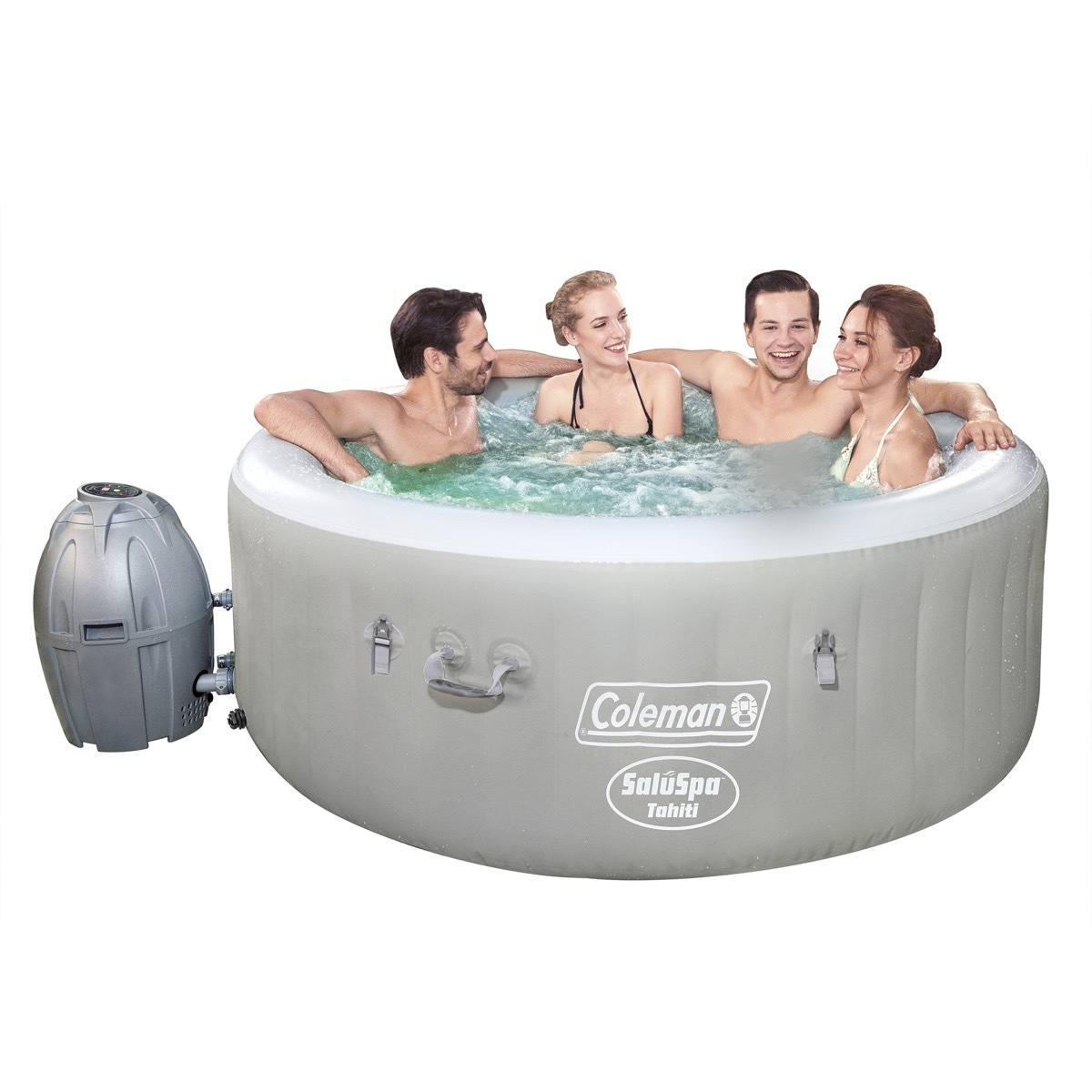 four people in an inflatable hot tub