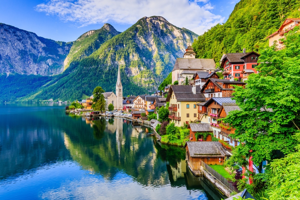 Hallstatt, Austria. Mountain village in the Austrian Alps at sunrise. - Image