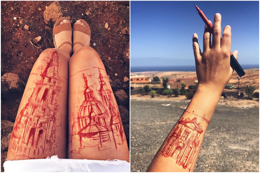 Red Tattoo | Artist Uses Her Body As A Canvas For Architecture Sketches | Her Beauty