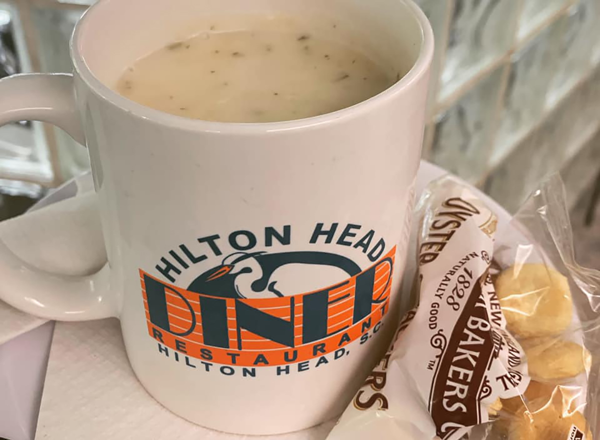 mug of clam chowder from hilton head diner