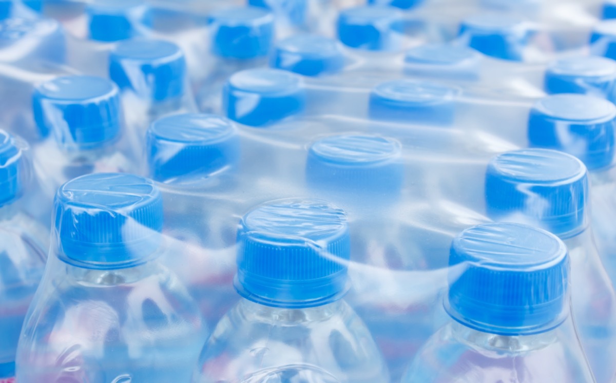 Rows of water bottles in plastic wrap