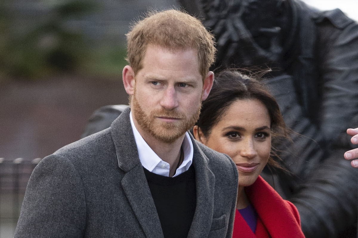 Prince Harry, Duke of Sussex and Meghan, Duchess of Sussex visit Hamilton Square to view a new sculpture erected in November to mark the 100th anniversary of Wilfred Owens death on January 14, 2019 in Birkenhead, England.