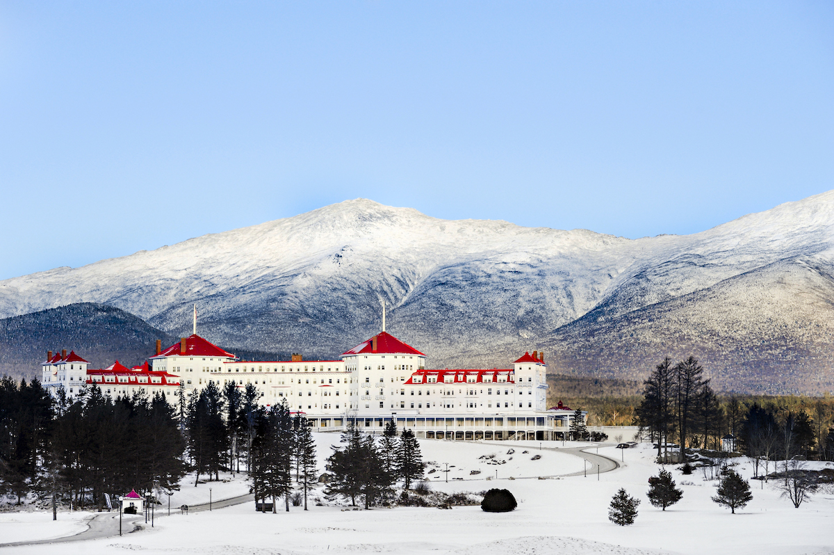 The historic Bretton Woods resort at the base of snowy Mount Washington in New Hampshire.