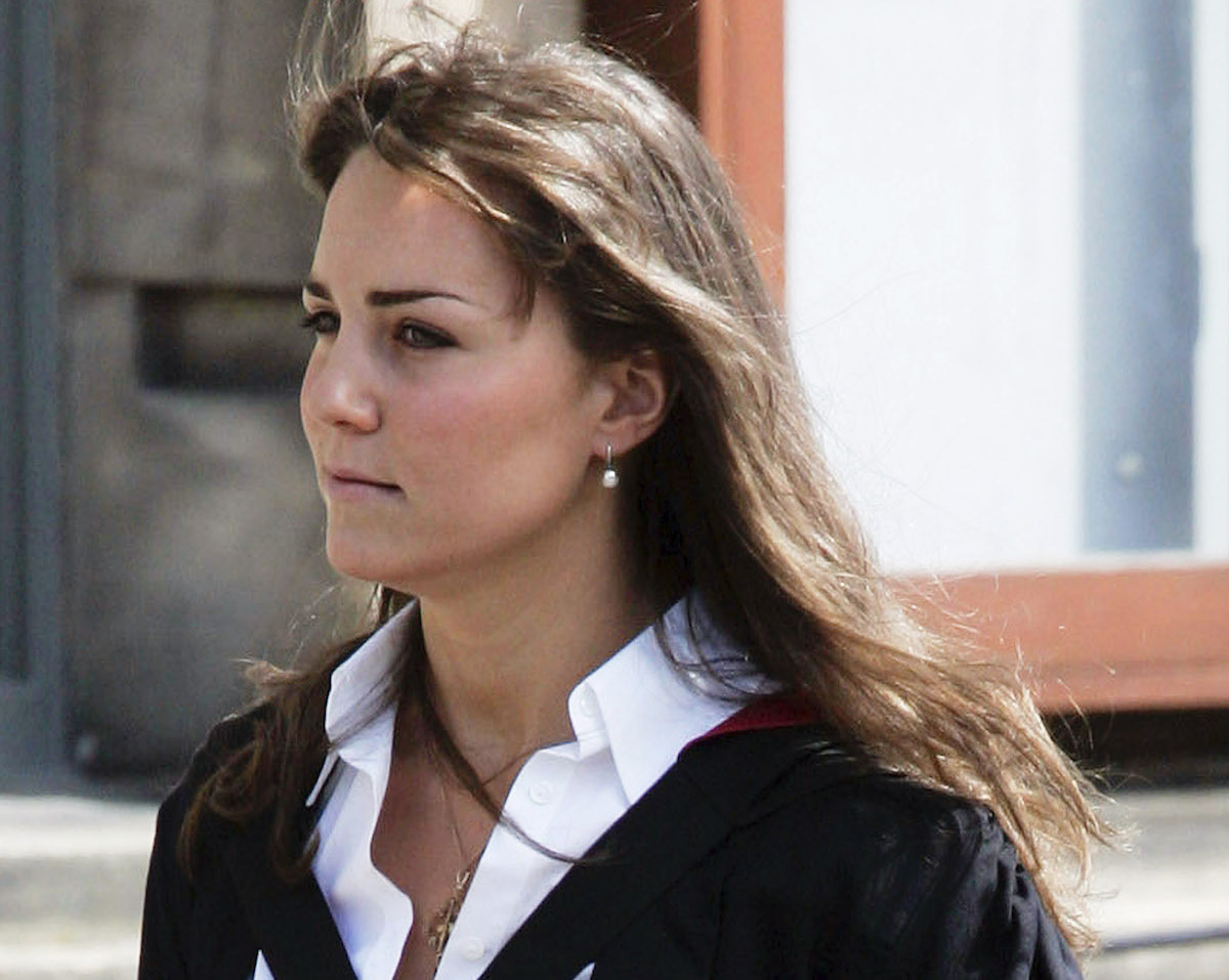 New graduate Kate Middleton wears a traditional gown to the graduation ceremony at St Andrew's University to collect her degree in St Andrew's on June 23, 2005, England.