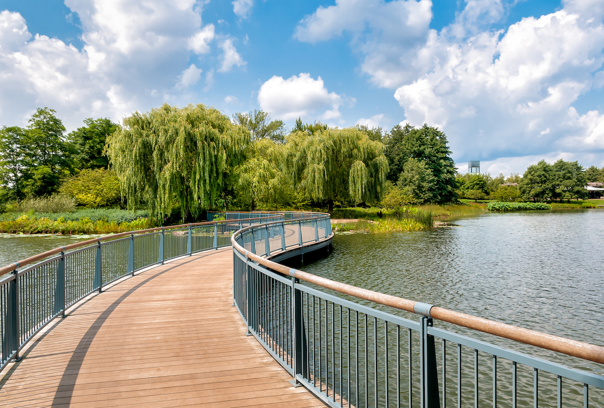 Walking bridge in the Chicago Botanic Garden, summer landscape, Glencoe, Illinois, USA