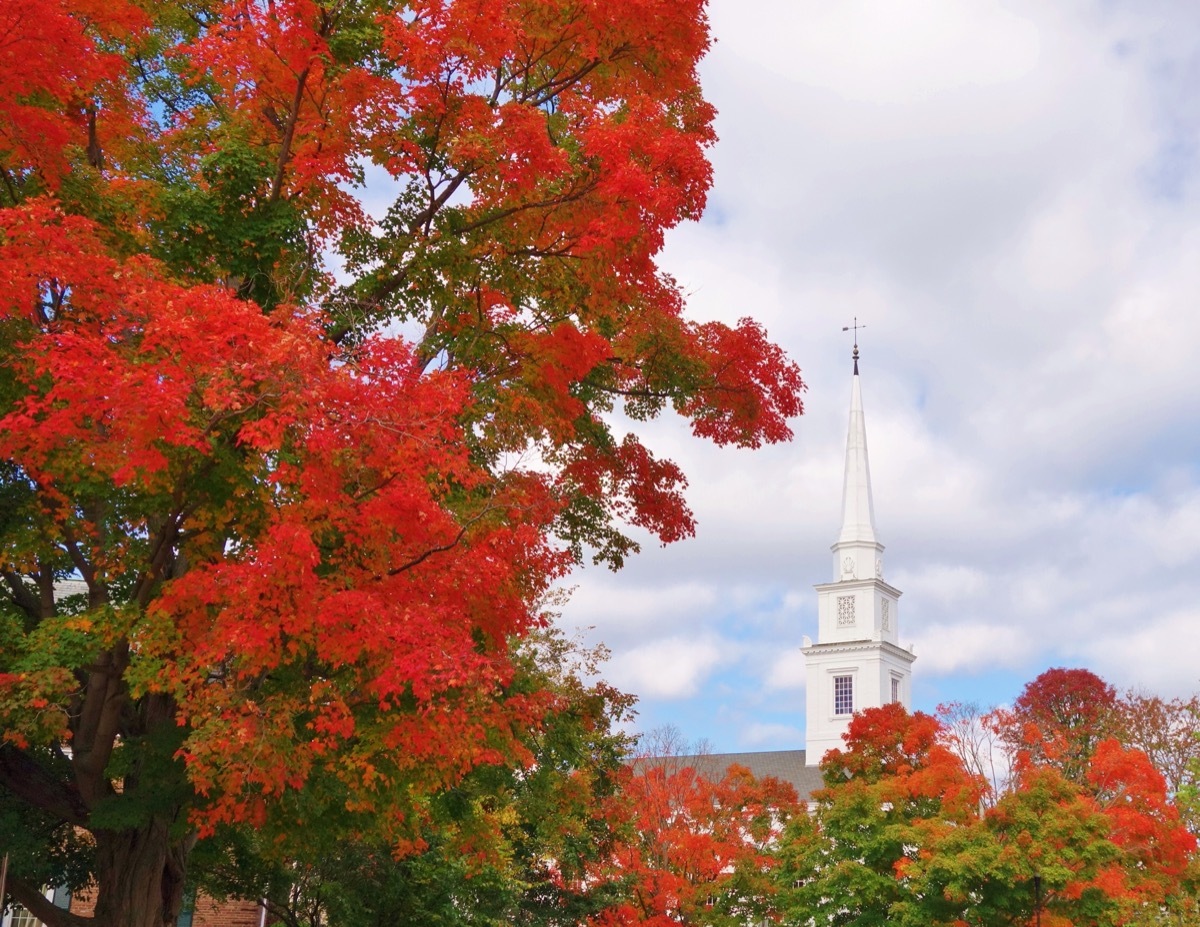 Red trees and a church in Hanover, New Hampshire