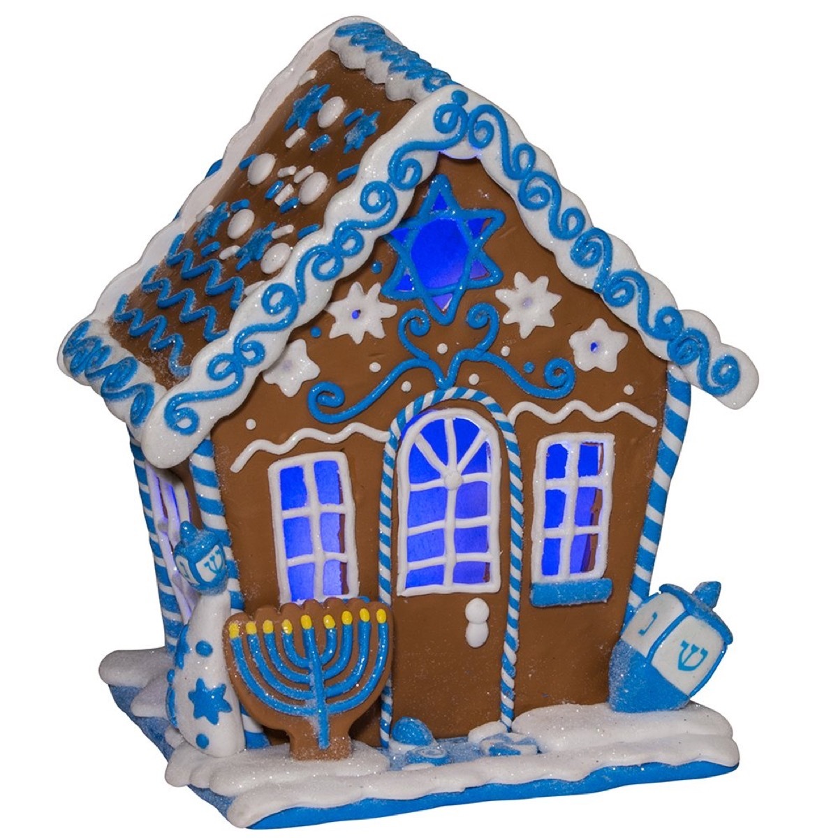 gingerbread house with blue and white icing and menorah and dreidel decorations, hanukkah decorations