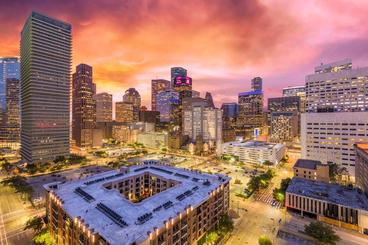 Houston, Texas, USA downtown cityscape at dusk.