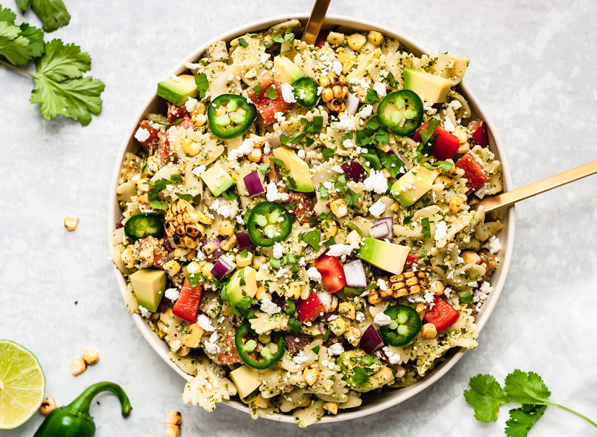 street corn pasta salad in bowl