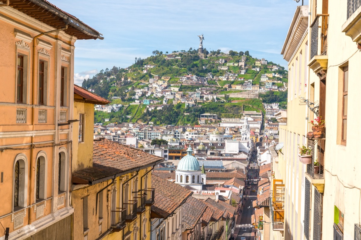 High angle view t in old town of Quito on sunny day.