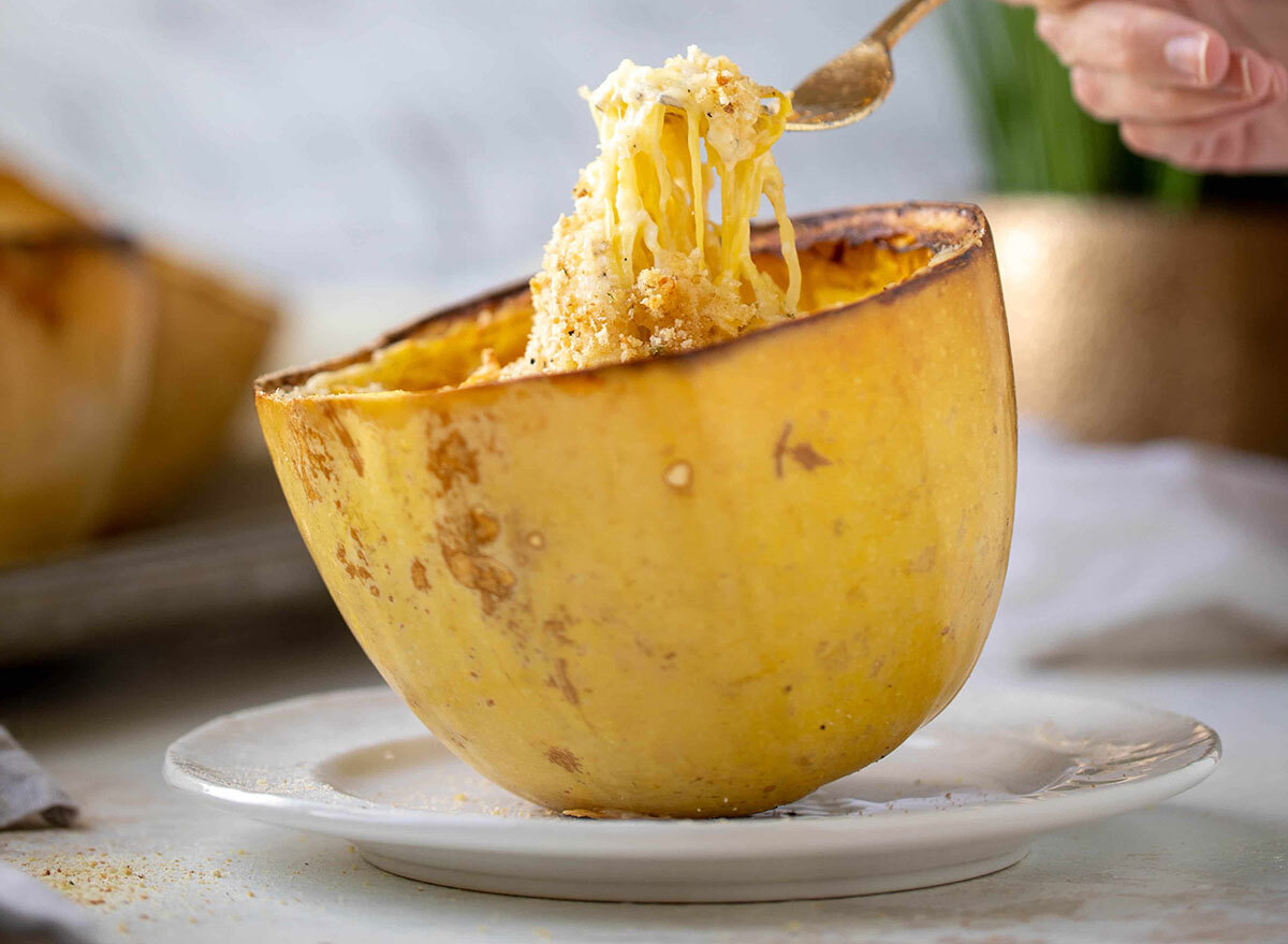 three cheese spaghetti squash on white plate