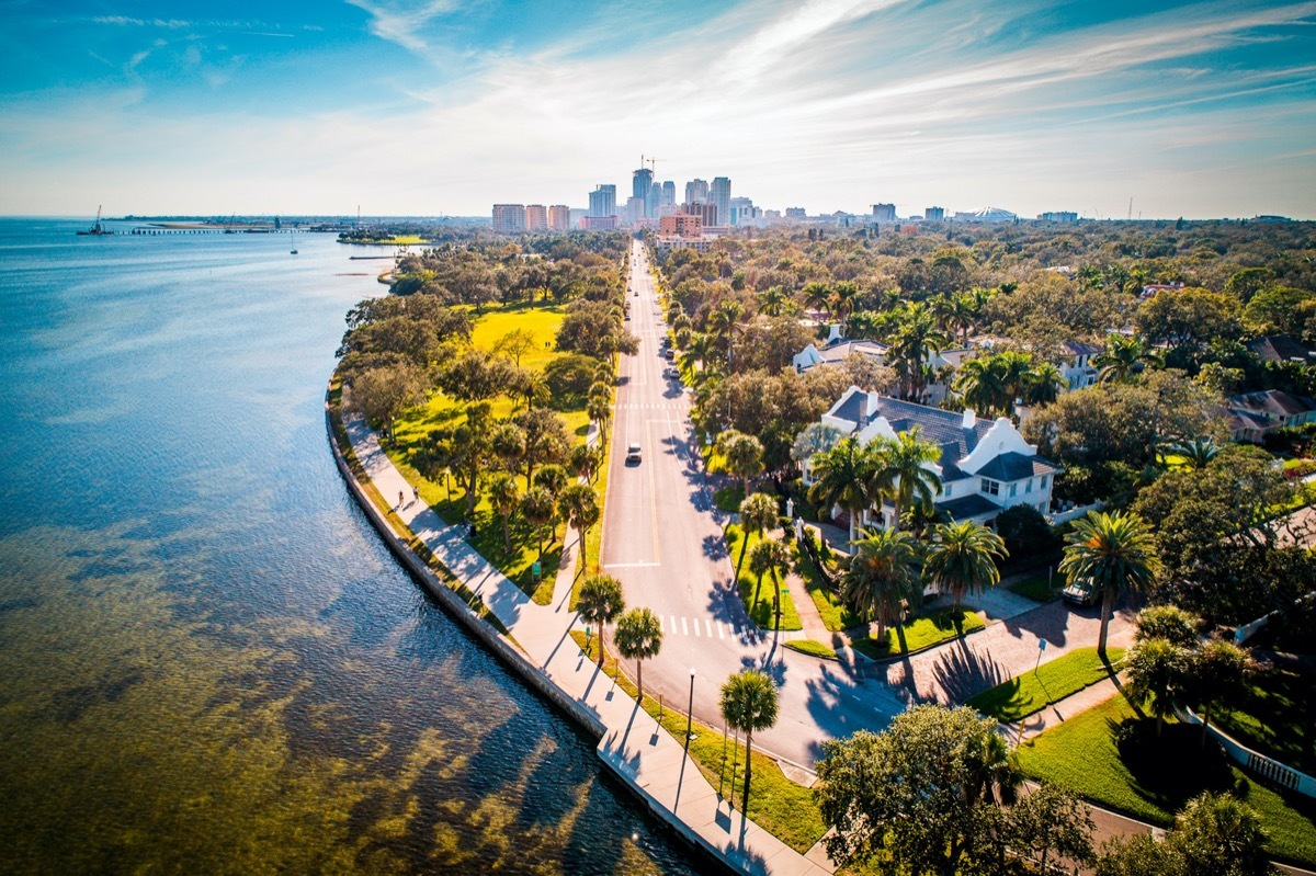 The scenic road where ocean meets city view to Downtown Saint Petersburg, Florida.