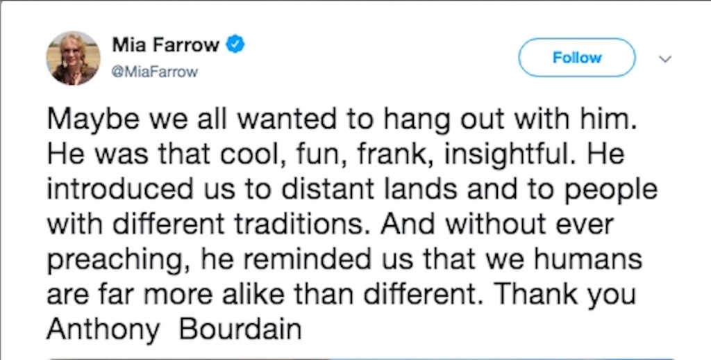 mia farrow pays tribute to anthony bourdain