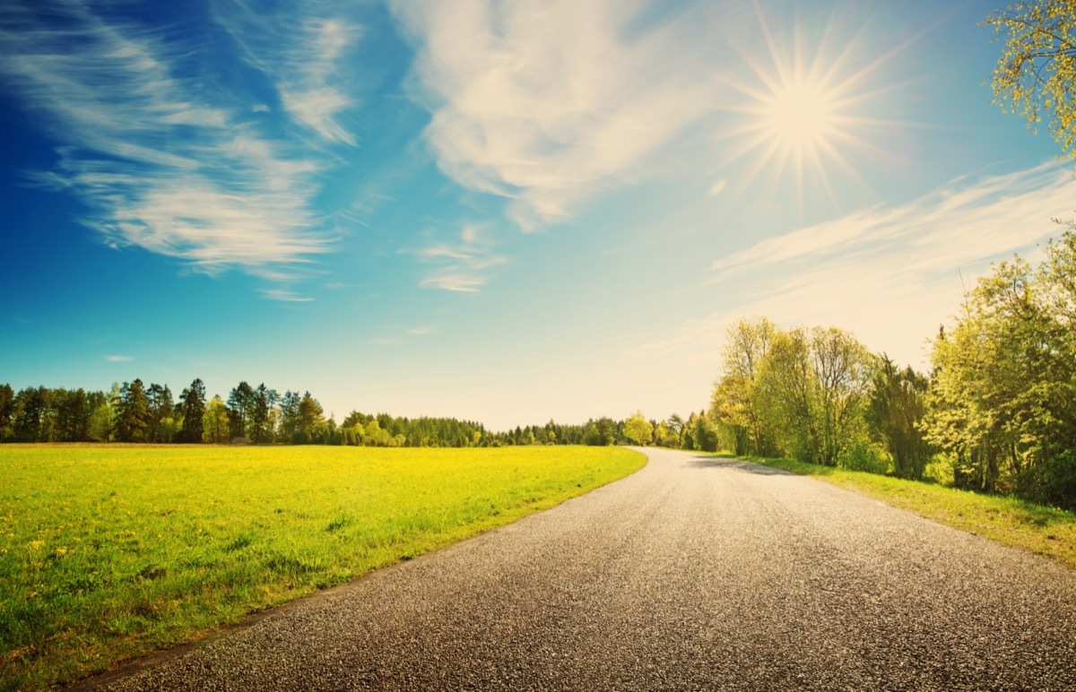 Road and field on sunny day