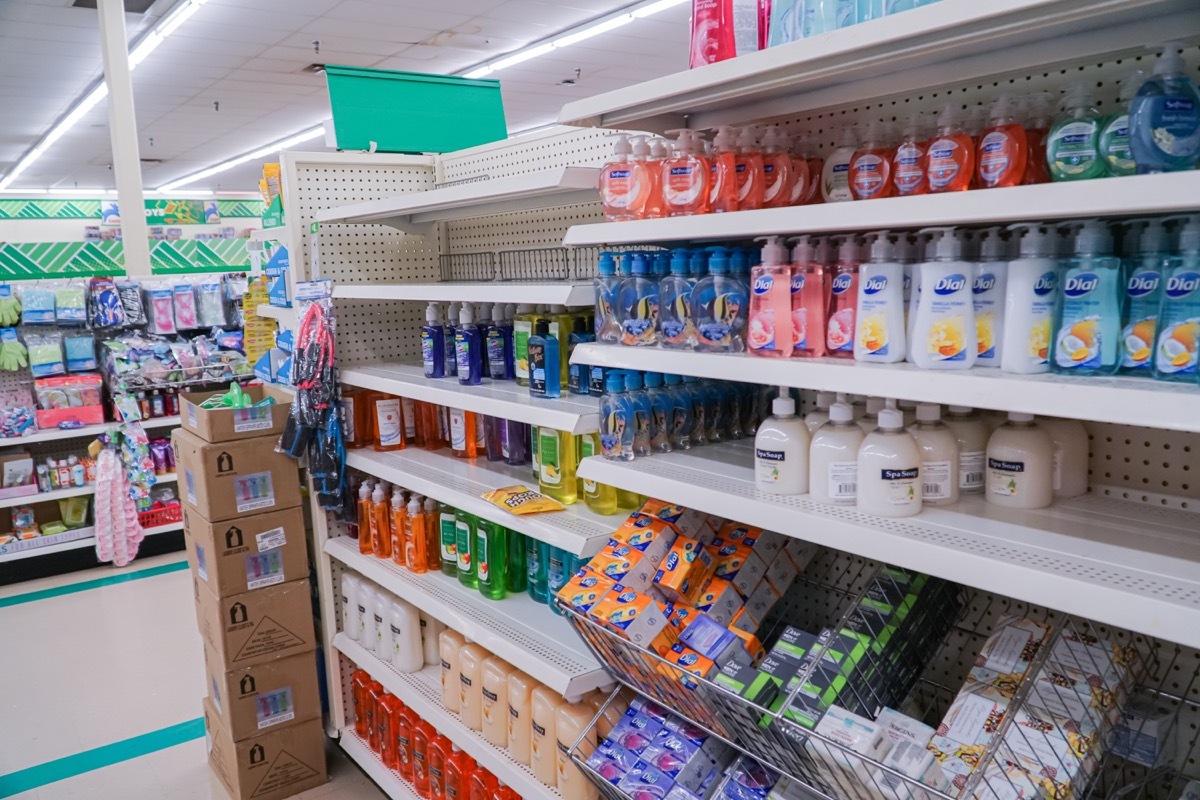 Empty shelf for hand sanitizers at the local Dollar Tree store.