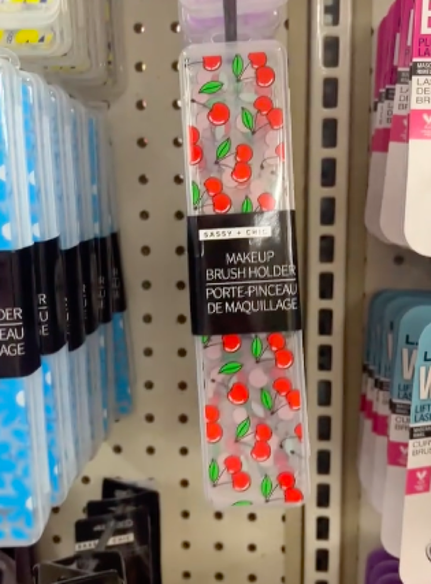 still from TikTok of makeup brush holders being sold at Dollar Tree