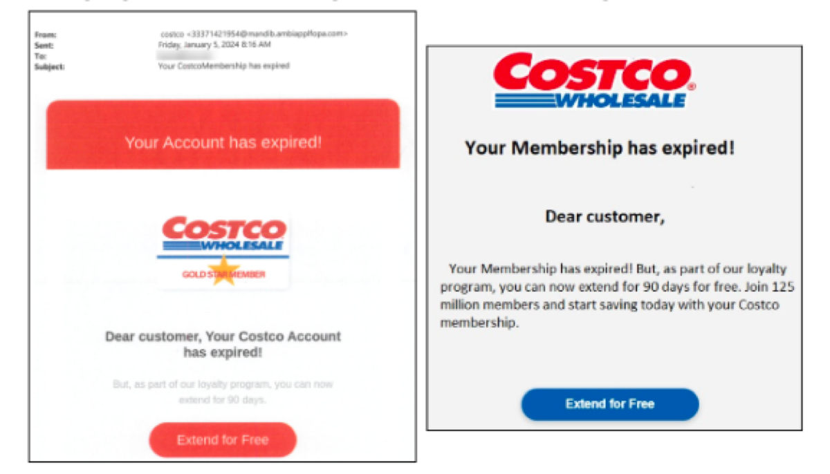 Costco scam email examples for expired memberships