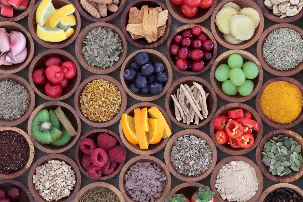 Fruits with High Antioxidants displayed in small wooden bowls