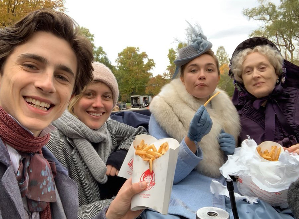 timothee chalamet greta gerwig florence pugh and meryl streep pose eating wendy's french fries