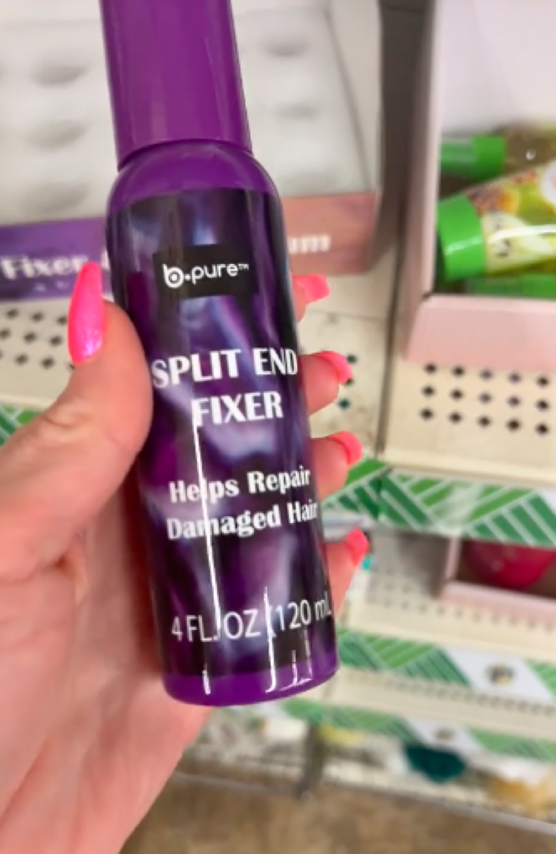 still from TikTok of split end fixer spray being sold at Dollar Tree