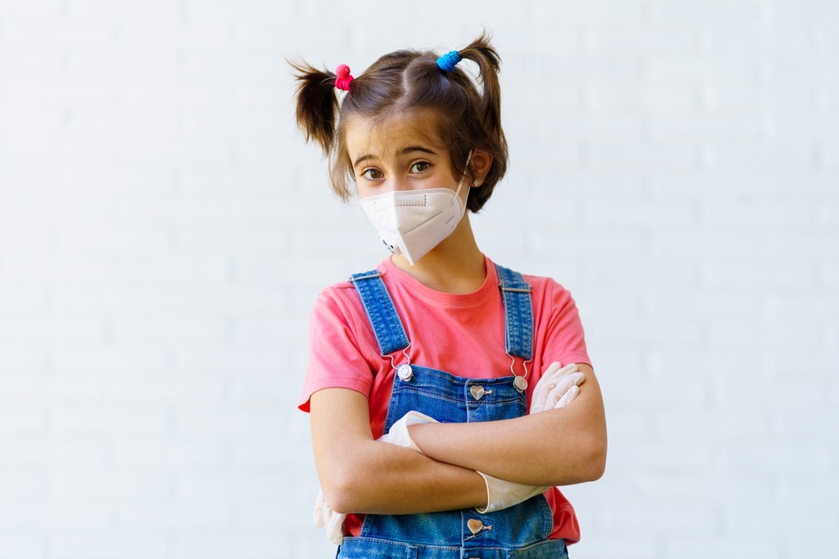  Child girl wearing a protection mask against coronavirus