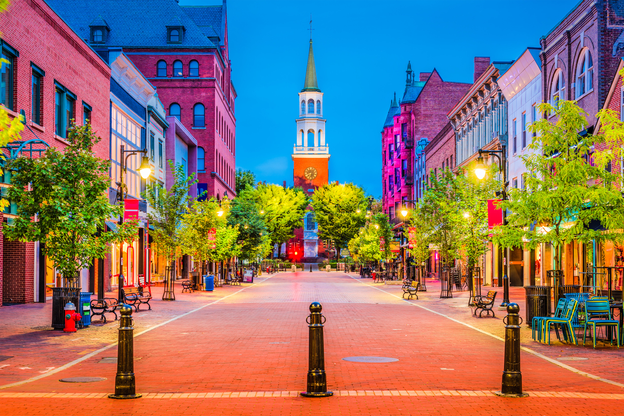 Church Street in Burlington, Vermont at night.