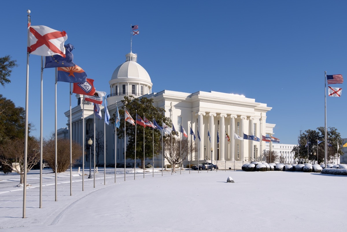 The Alabama capitol house covered in snow