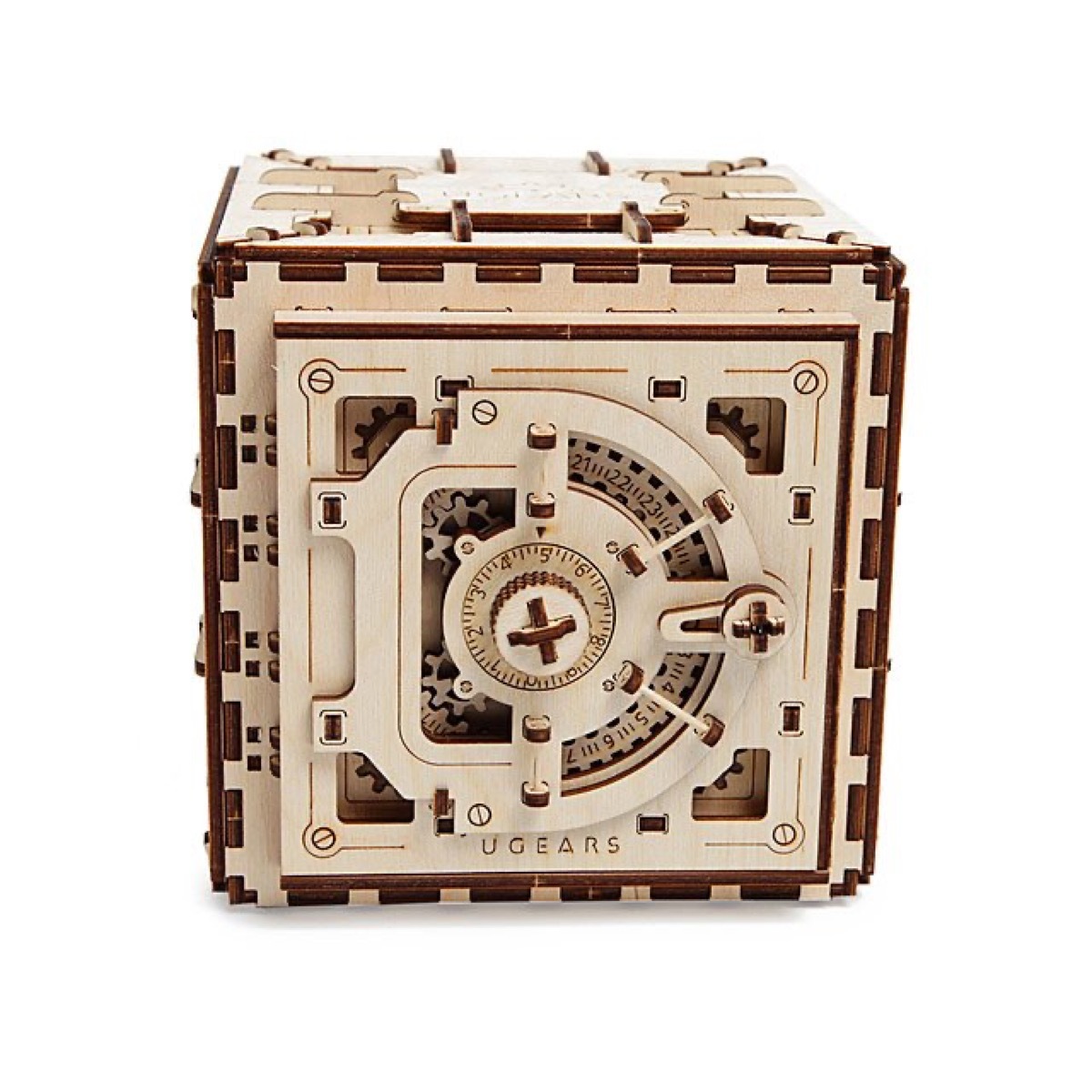 wooden puzzle in the shape of a safe