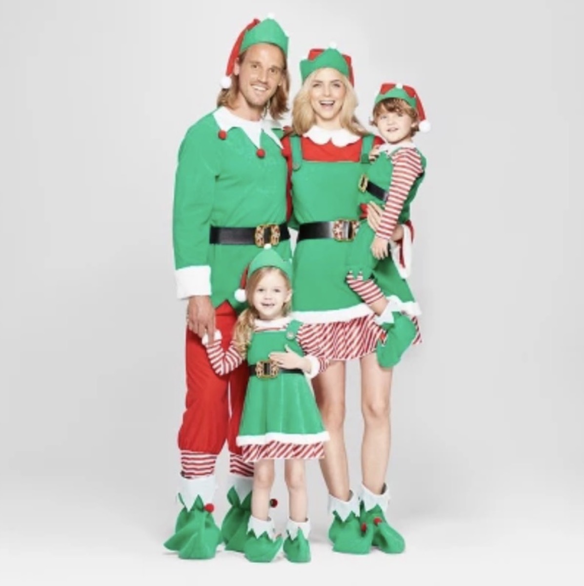 family in holiday elf costumes, family halloween costumes