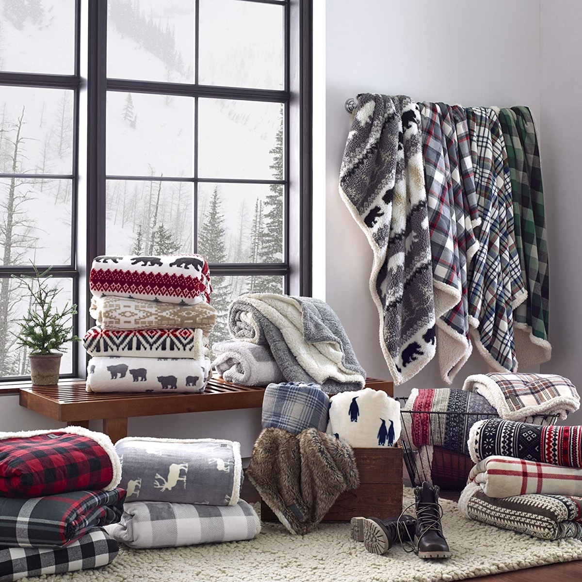 Eddie Bauer blankets in cozy room